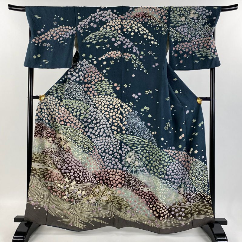 MikMik 裄丈66 身丈160 単衣 付下げ訪問着 正絹着物 付下げ 身丈159cm 裄丈67cm M 袷 草花 金糸 刺繍 青緑 正絹 美品