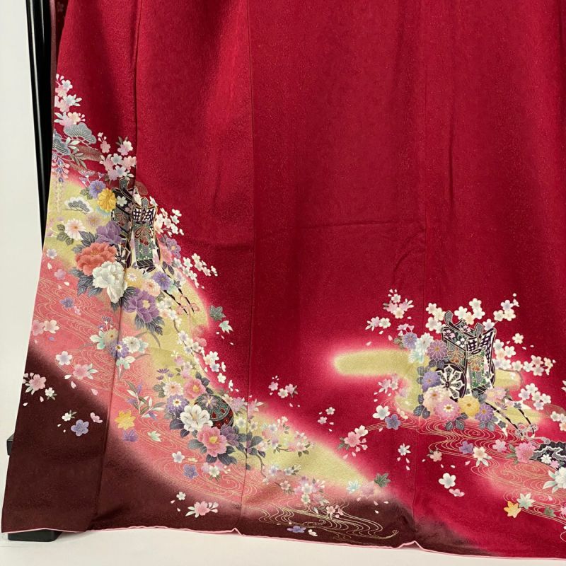 振袖 身丈174.5cm 裄丈68cm L 袷 御所車 牡丹 刺繍 銀通し 赤