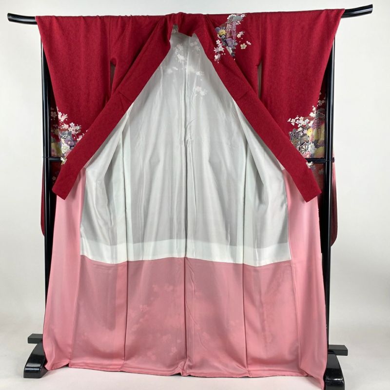 ≪美品≫正絹　振袖のみ【283】【身長155㎝〜165㎝の方用】 振袖 身丈174.5cm 裄丈68cm L 袷 御所車 牡丹 刺繍 銀通し 赤