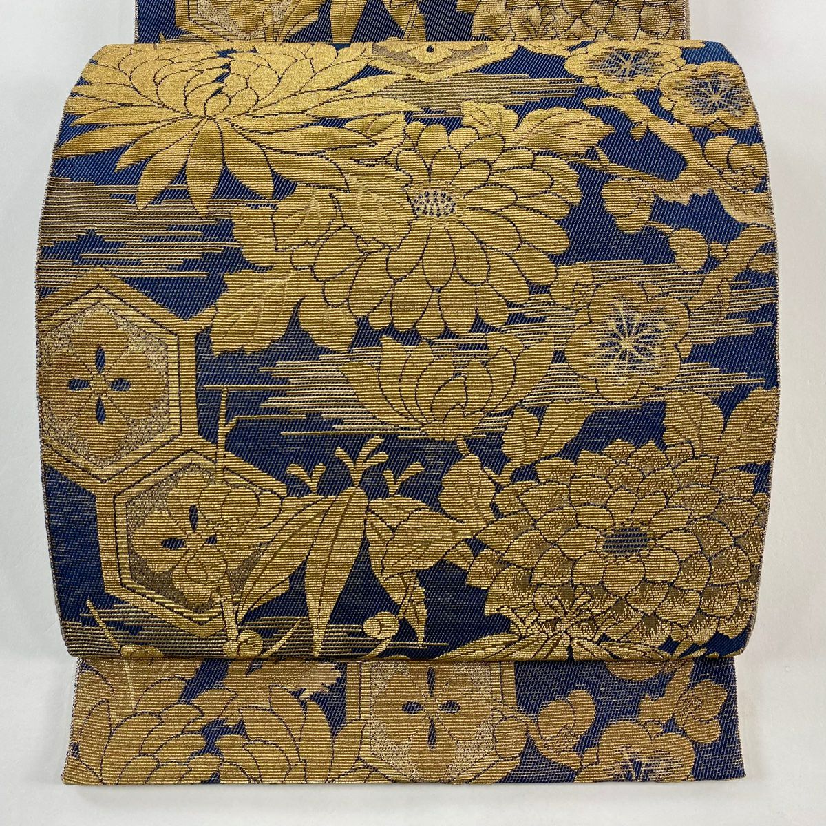 袋帯 名品 菊 有職文様 金糸 箔 茶色 六通 正絹｜中古・古着