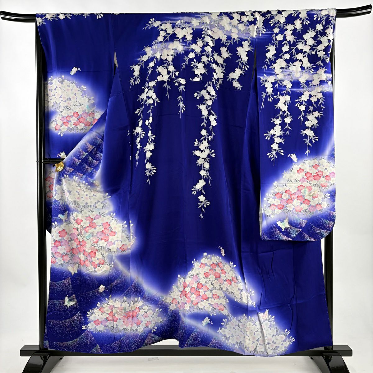 振袖 身丈156cm 裄丈68.5cm L 袷 桜 蝶 銀彩 ぼかし 青紫 正絹 秀品