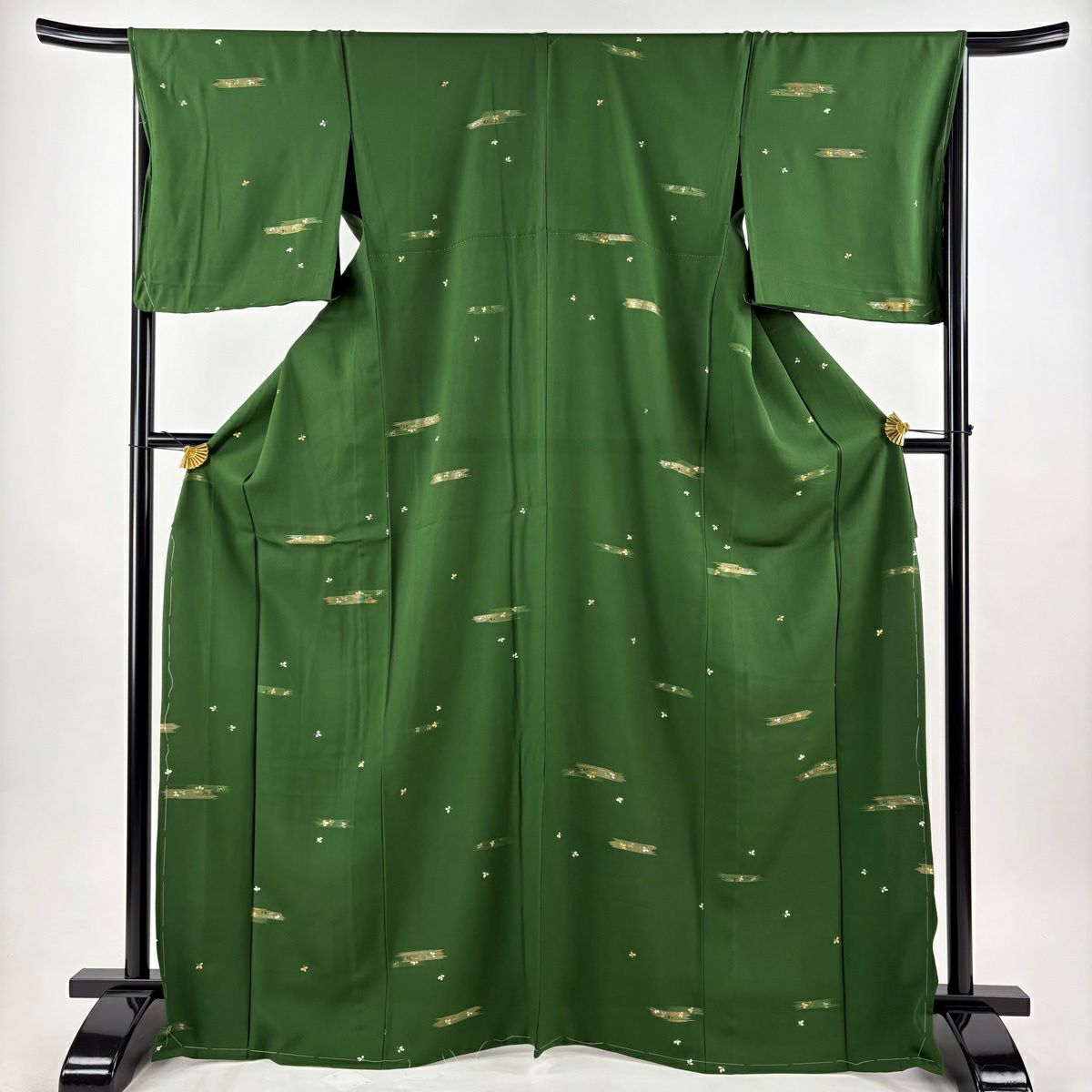美品】 小紋 身丈169cm 裄丈66.5cm M 単衣 萩 霞 金彩 緑 正絹 秀品