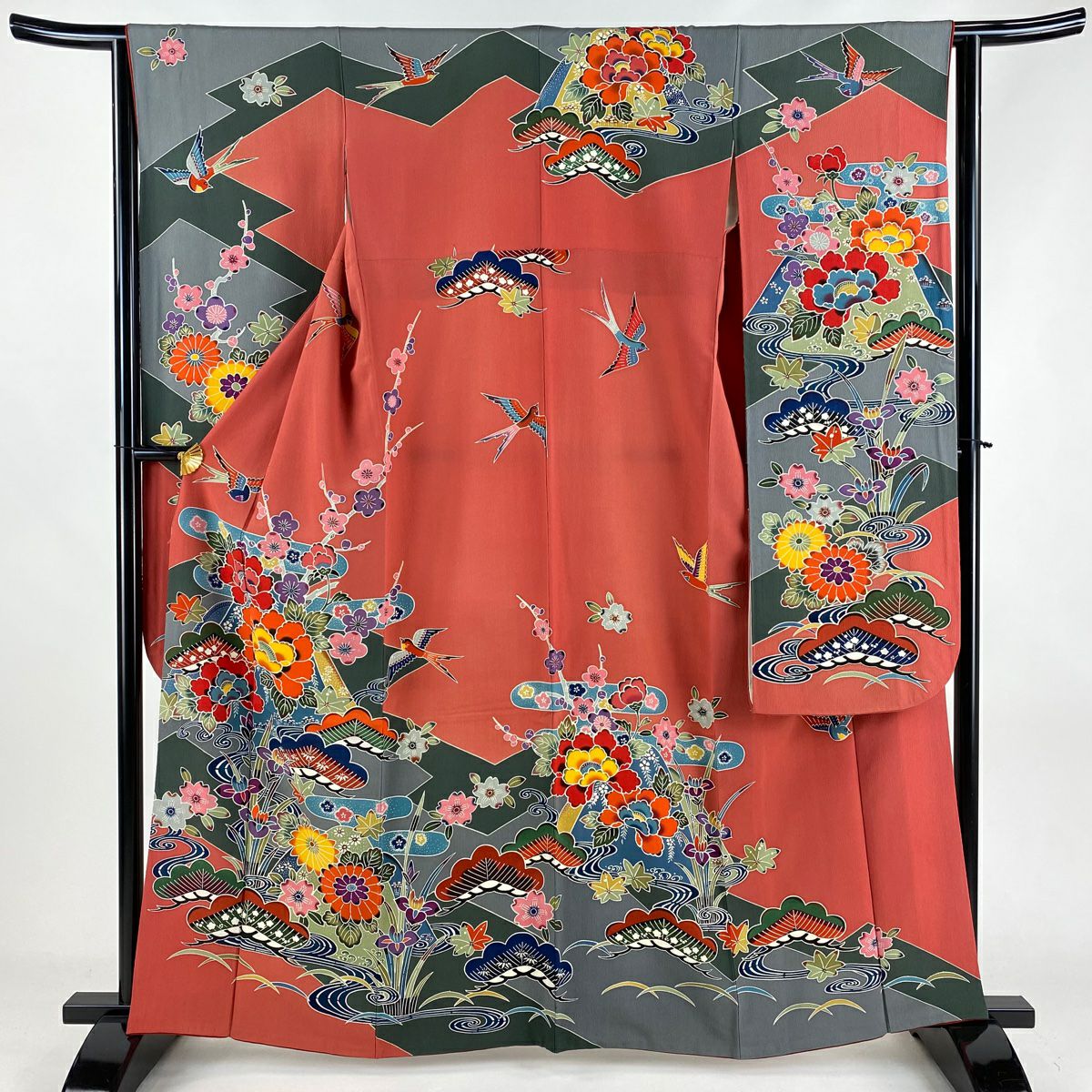 訪問着 身丈162cm 裄丈66.5cm M 袷 萩 疋田 金糸 刺繍 灰色 正絹