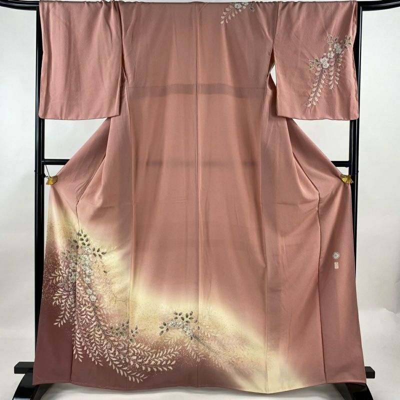 訪問着 身丈164cm 裄丈68cm L 袷 落款あり 草花 絞り ぼかし