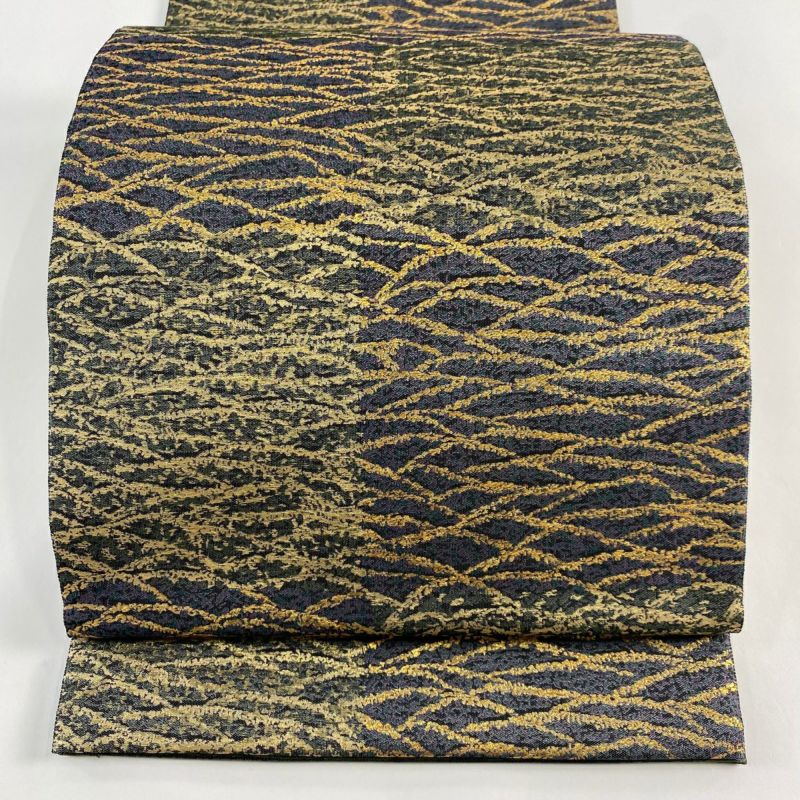 袋帯 美品 逸品 落款あり 誠之輔 芝 市松 箔 金色 全通 正絹