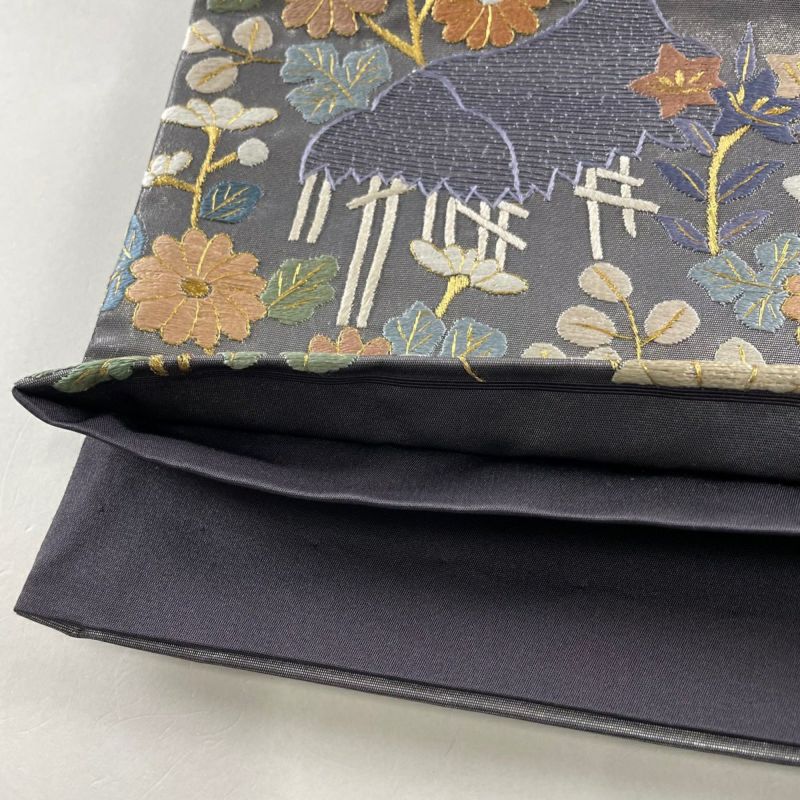 2745豪華刺繍！袋帯リメイク　正絹長クッションカバー　クリスマス❗️お正月❗️3枚 袋帯 美品 逸品 笠松 草花 金糸 刺繍 灰色 お太鼓柄 正絹｜中古