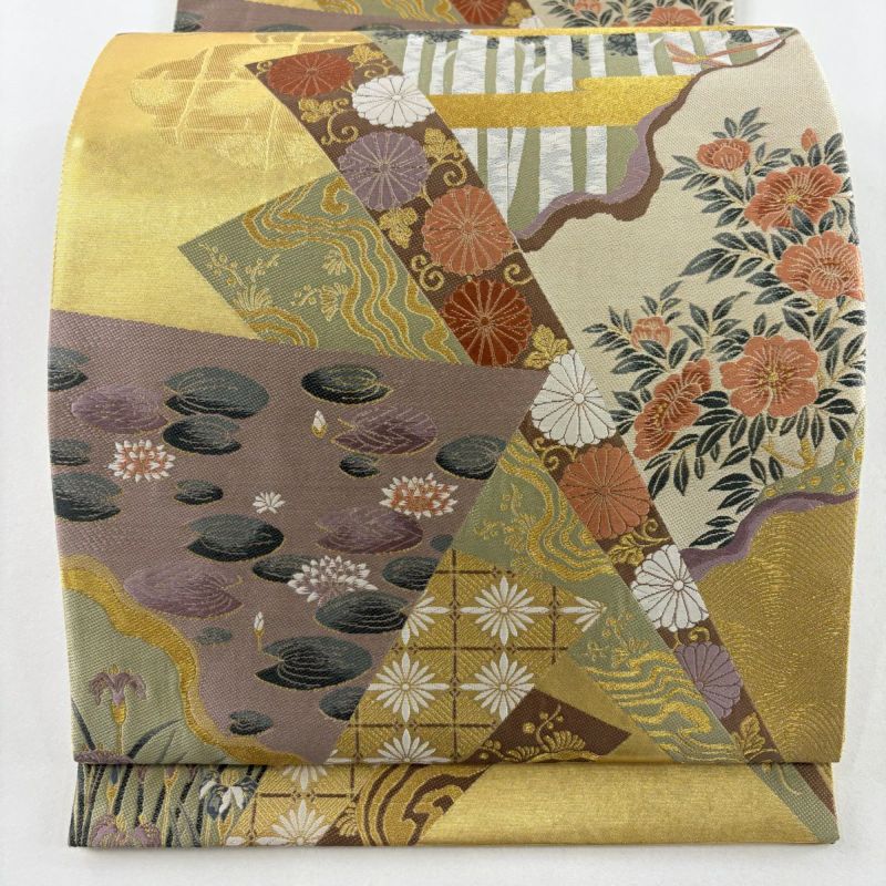 袋帯　正絹　美品　347 楽天市場】袋帯 美品 秀品 本金箔 瑞扇面麗花鳥 関西仕立て 扇