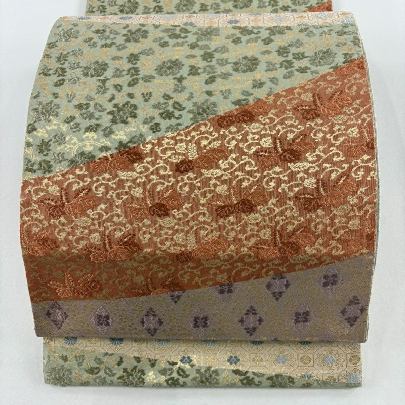 袋帯 秀品 花唐草 蜀江華文 刺繍 箔 ベージュ 六通 正絹｜中古