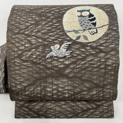 名古屋帯 美品 秀品 夏帯 ミミズク 枝葉 焦茶色 正絹｜中古
