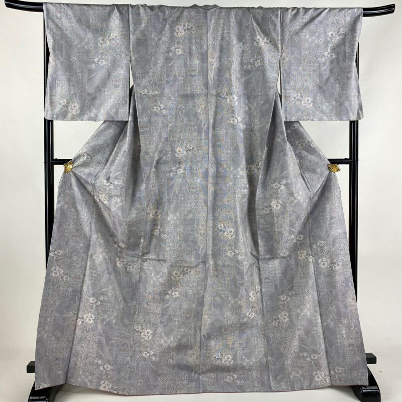 お歳暮 人気 オシャレ 身丈169cm 大島紬 裄丈69.5cm 蜀江 草花 証紙あり 都喜ヱ門 袷 L 着物・浴衣