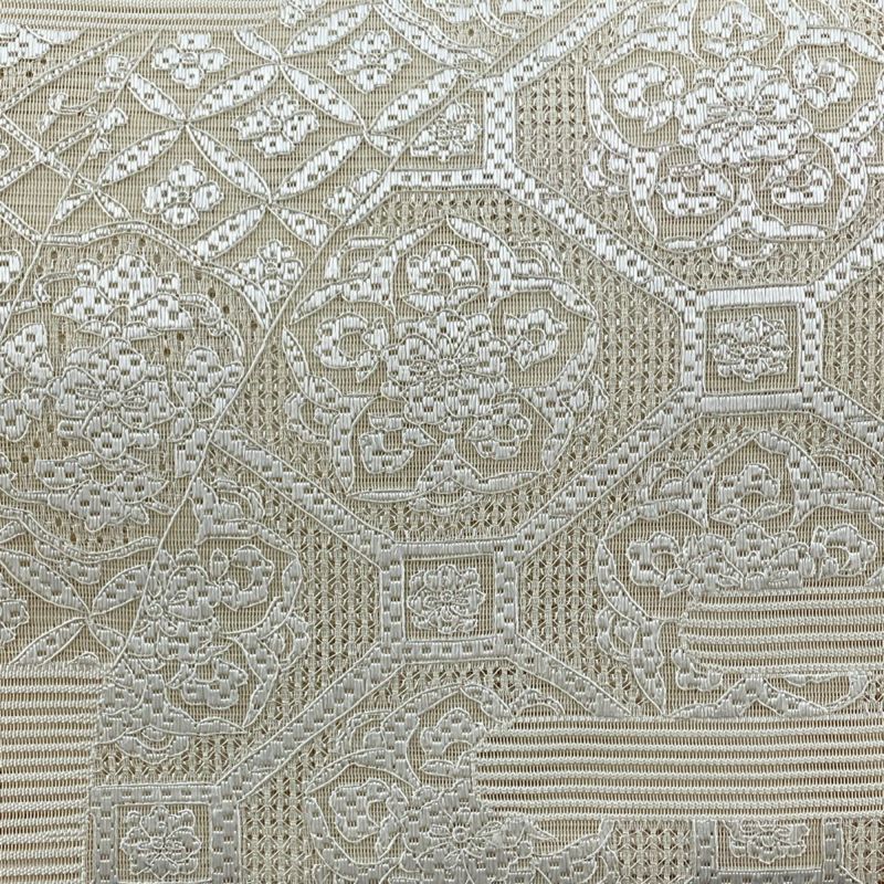 507mr37▲ワンタッチ作り帯 透かし織 抽象柄 二重太鼓 一体型 袋帯▲美品 袋帯 美品 秀品 落款 伊勢型紙 重要無形文化財 菊唐草 宝尽くし