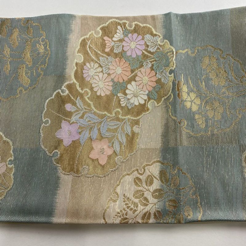 N-173◇美品 正絹『ホワイト×雪輪』能衣唐織 雪輪秋草尽文 袋帯 着物 袋帯 秀品 夏帯 雪輪 秋草 箔 灰緑 六通 正絹｜中古・古着