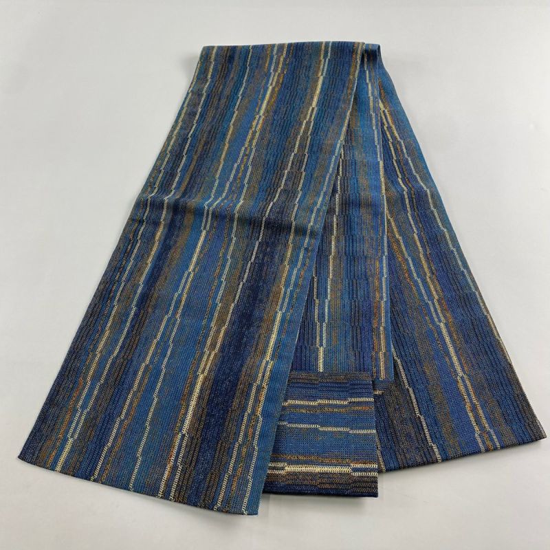 イカット インドネシア 八寸名古屋帯 松葉仕立て 藍 絣 正絹 Q814 名古屋帯 美品 秀品 八寸名古屋帯 夏帯 松葉仕立て 幾何学模様