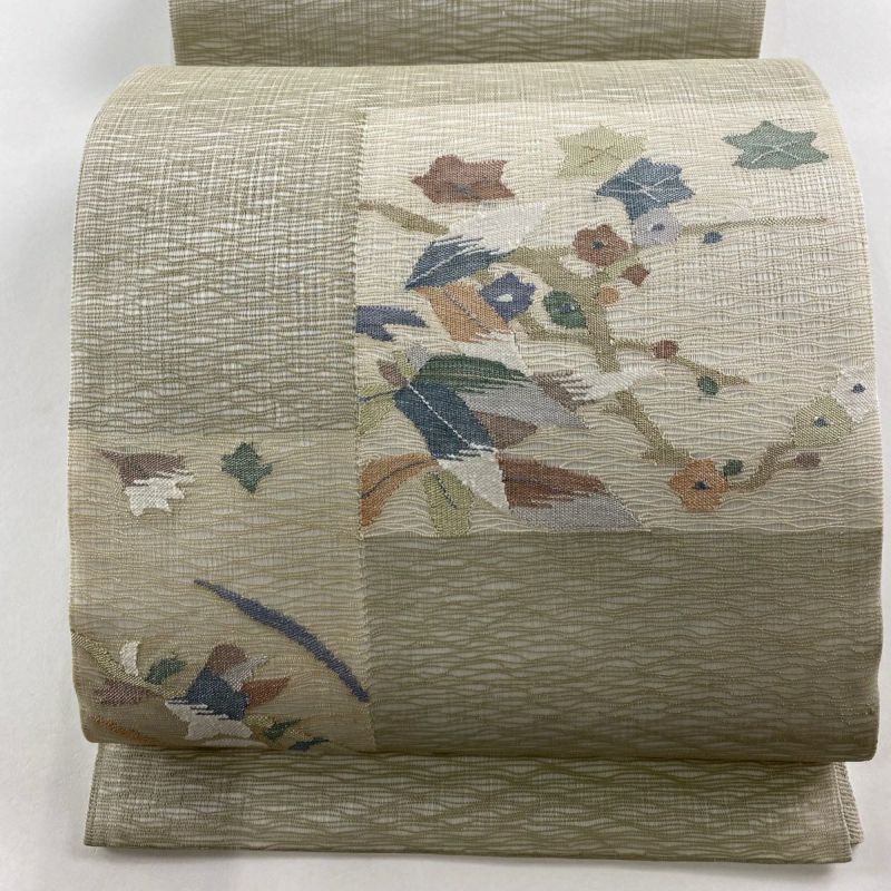 袋帯 美品 秀品 夏帯 草花 銀糸 灰緑 お太鼓柄 正絹｜中古・古着