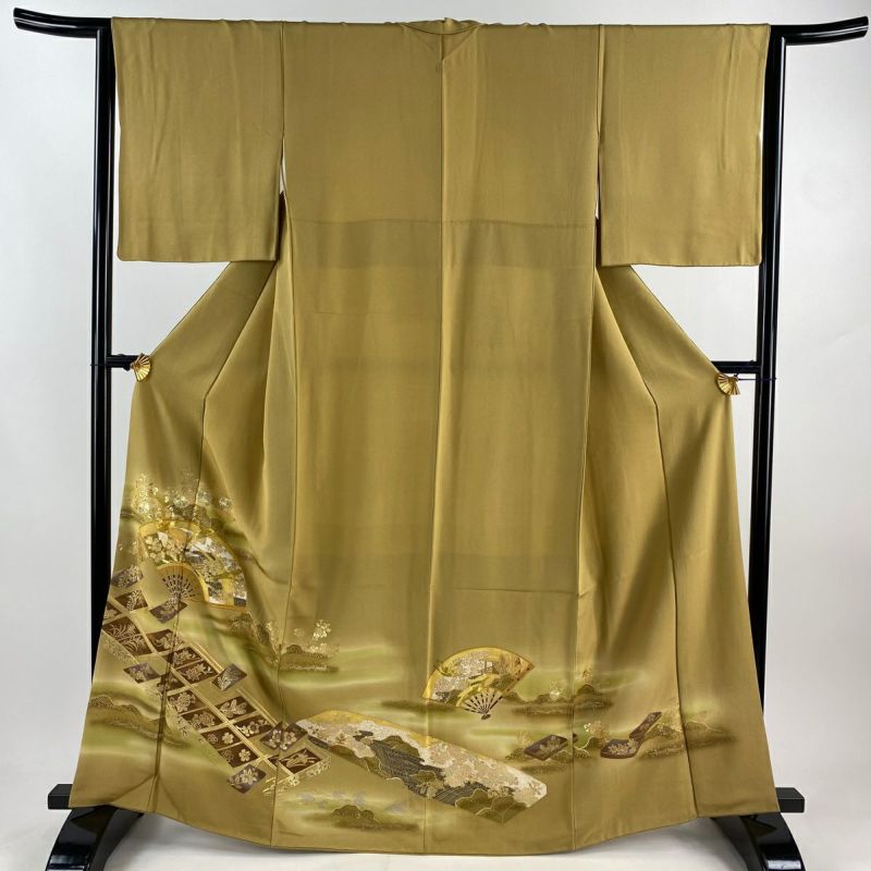 色留袖 身丈163cm 裄丈64cm M 袷 扇 鶴 金糸 金銀彩 黄土色 正絹