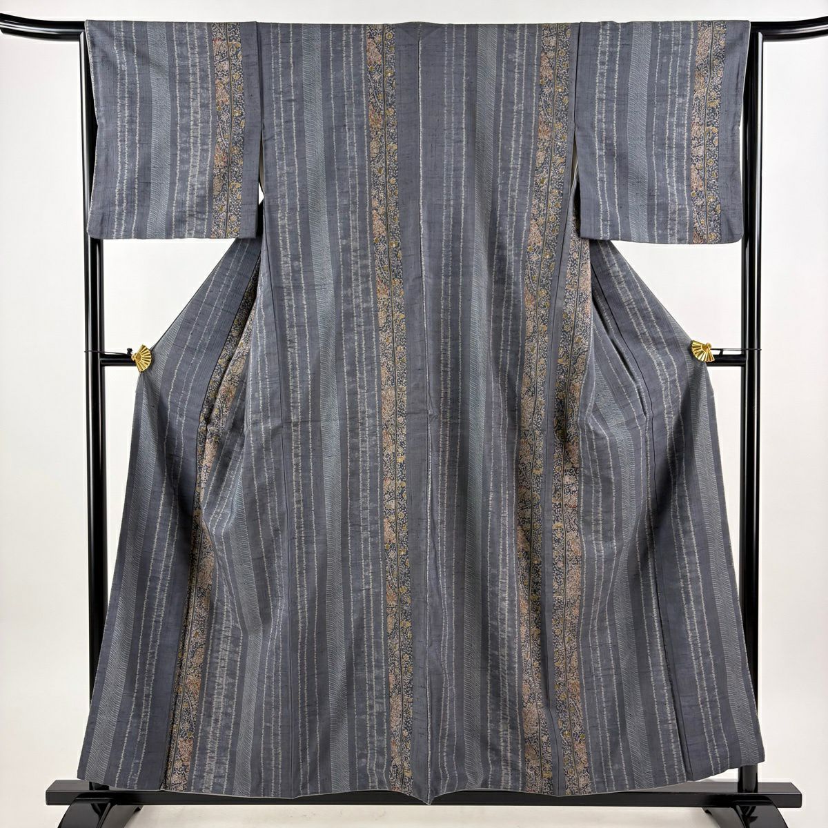 小紋 身丈156cm 裄丈64cm M 袷 紬地 花鳥 縦縞 絞り 青灰色 正絹 秀品