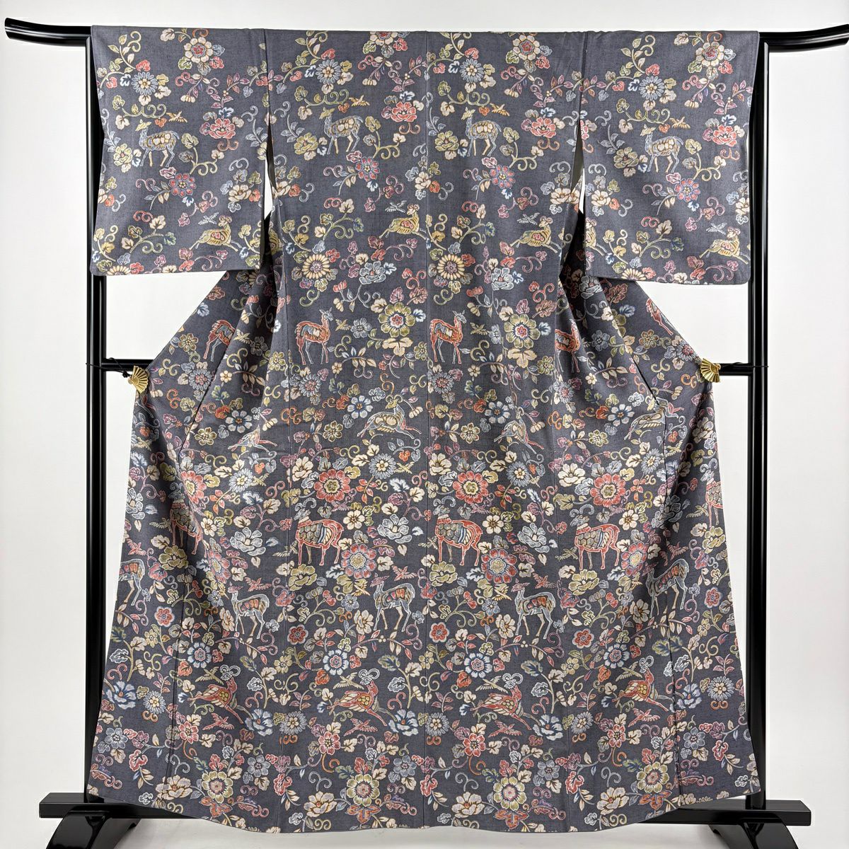 美品】 付下げ 身丈162cm 裄丈65cm M 袷 紬地 動物 花鳥 灰紫 正絹 秀