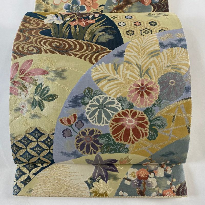 袋帯 美品 秀品 菊 有職文様 箔 灰緑 六通 正絹｜中古・古着
