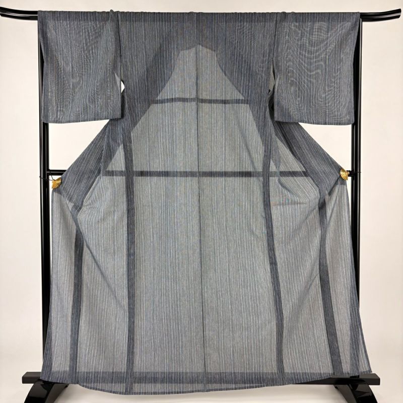 小紋 身丈164cm 裄丈67cm M 薄物 絽 縦縞 青灰色 化繊 美品 秀品