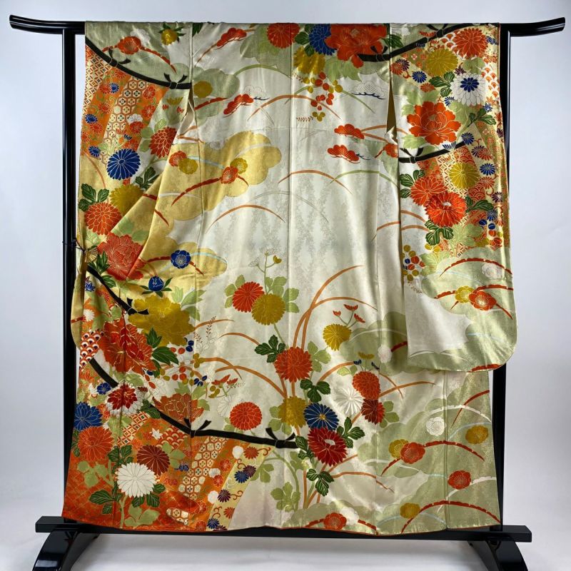 振袖 身丈158.5cm 裄丈62cm S 袷 牡丹 青海波 刺繍 金糸