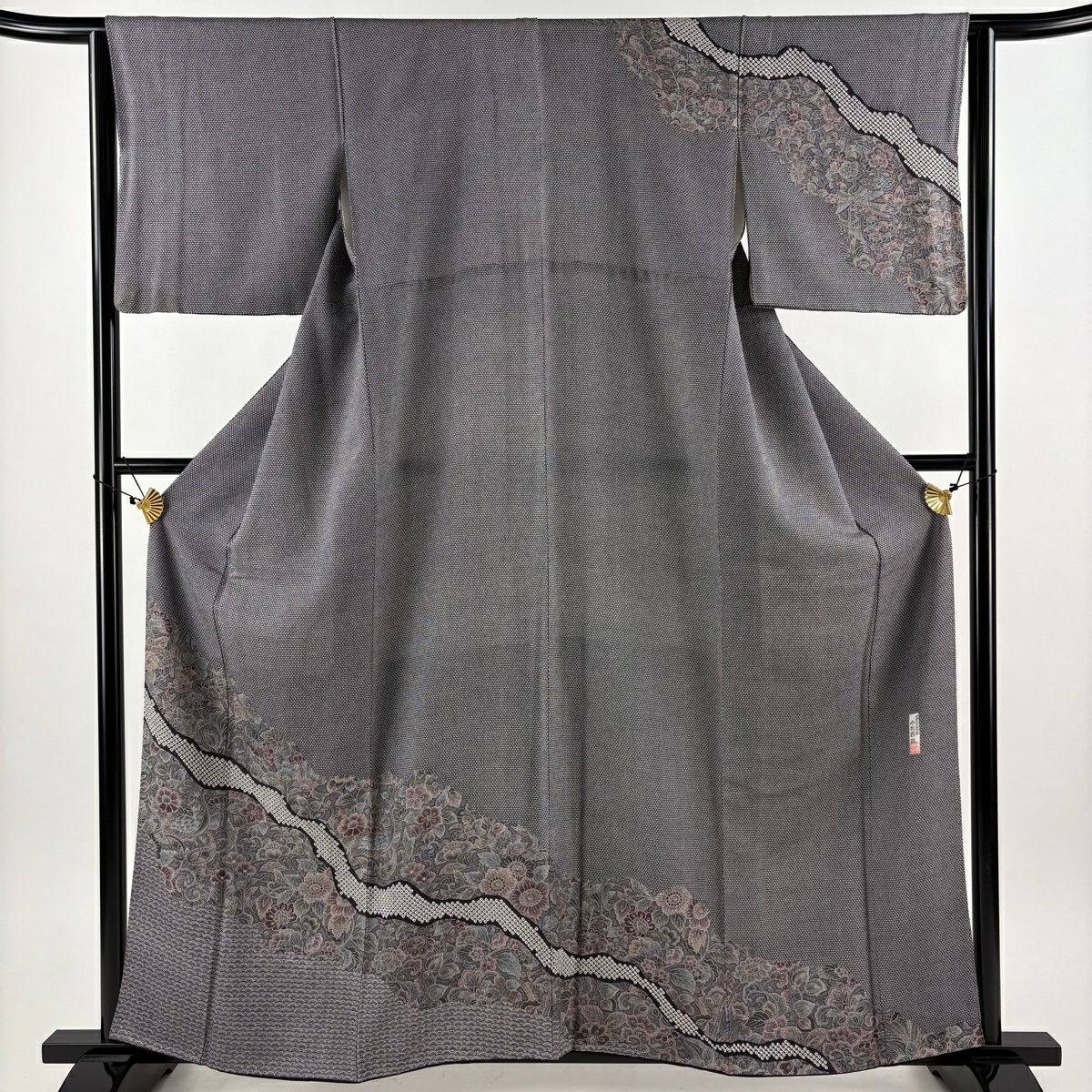 訪問着 身丈160cm 裄丈64cm M 袷 落款あり 草花 青海波 絞り 黒灰 正絹