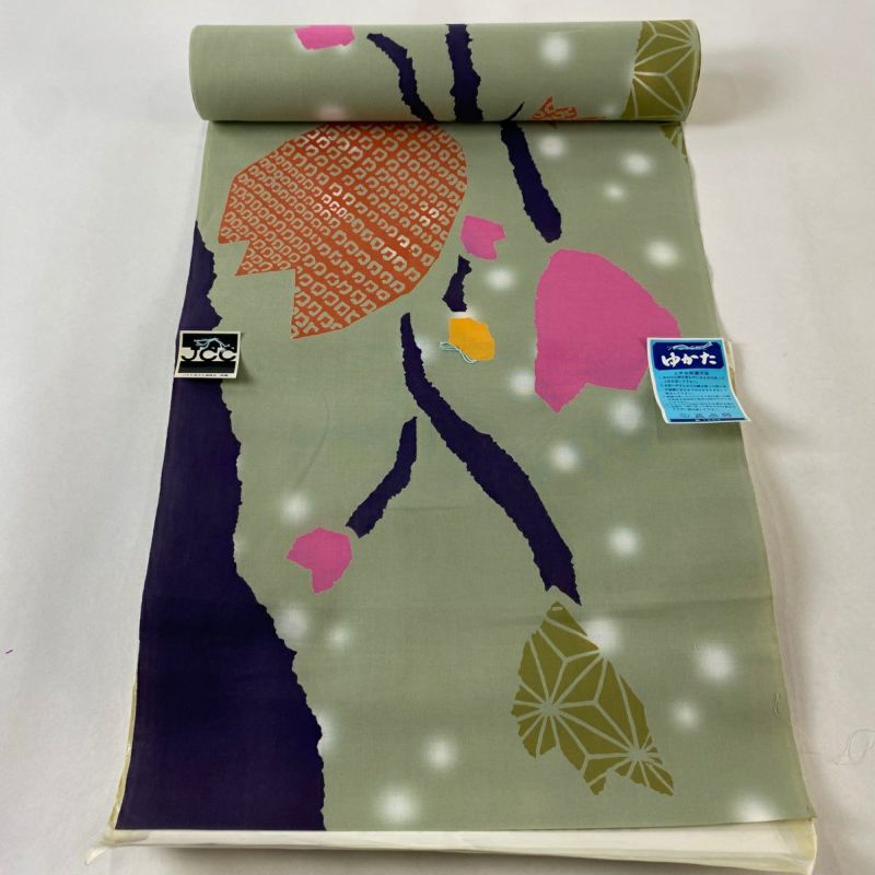 日本全国送料無料商品 特集 反物 綿｜中古・古着・リサイクル 灰緑 麻の葉 枝花 浴衣 優品 着物・浴衣