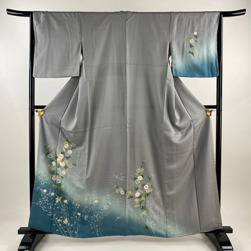付下げ 身丈160.5cm 裄丈65cm M 袷 菊 萩 金彩 刺繍 灰色 正絹
