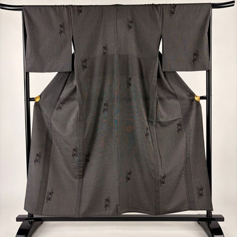 紬 身丈154.5cm 裄丈67cm M 単衣 葉柄 縦縞 黒 正絹 美品 秀品