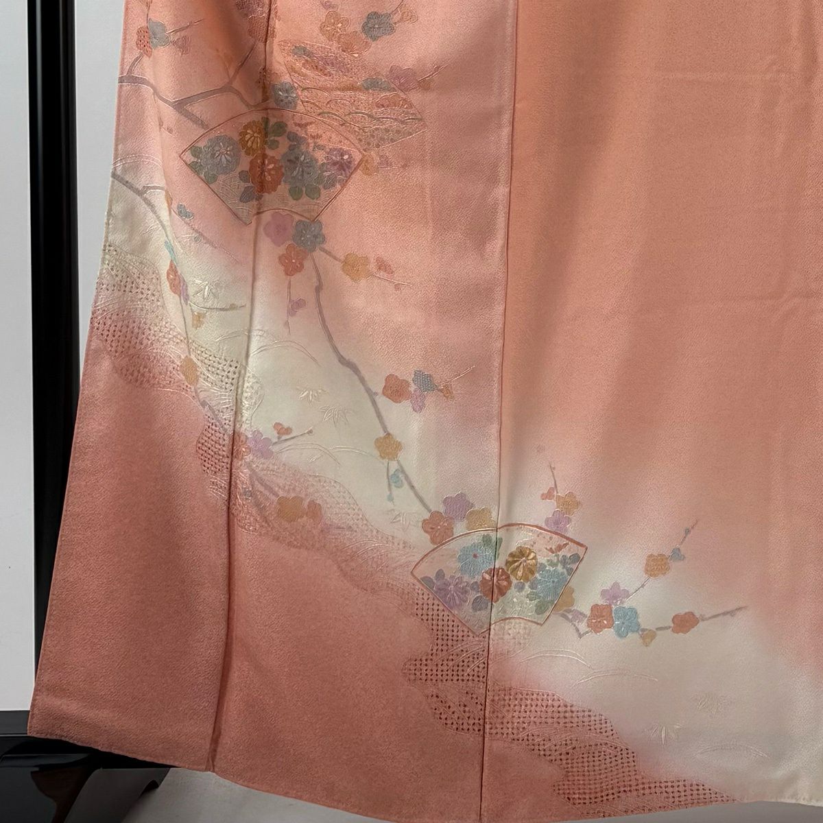 訪問着 身丈163cm 裄丈65cm M 袷 扇面 枝梅 刺繍 ぼかし ピンク 正絹