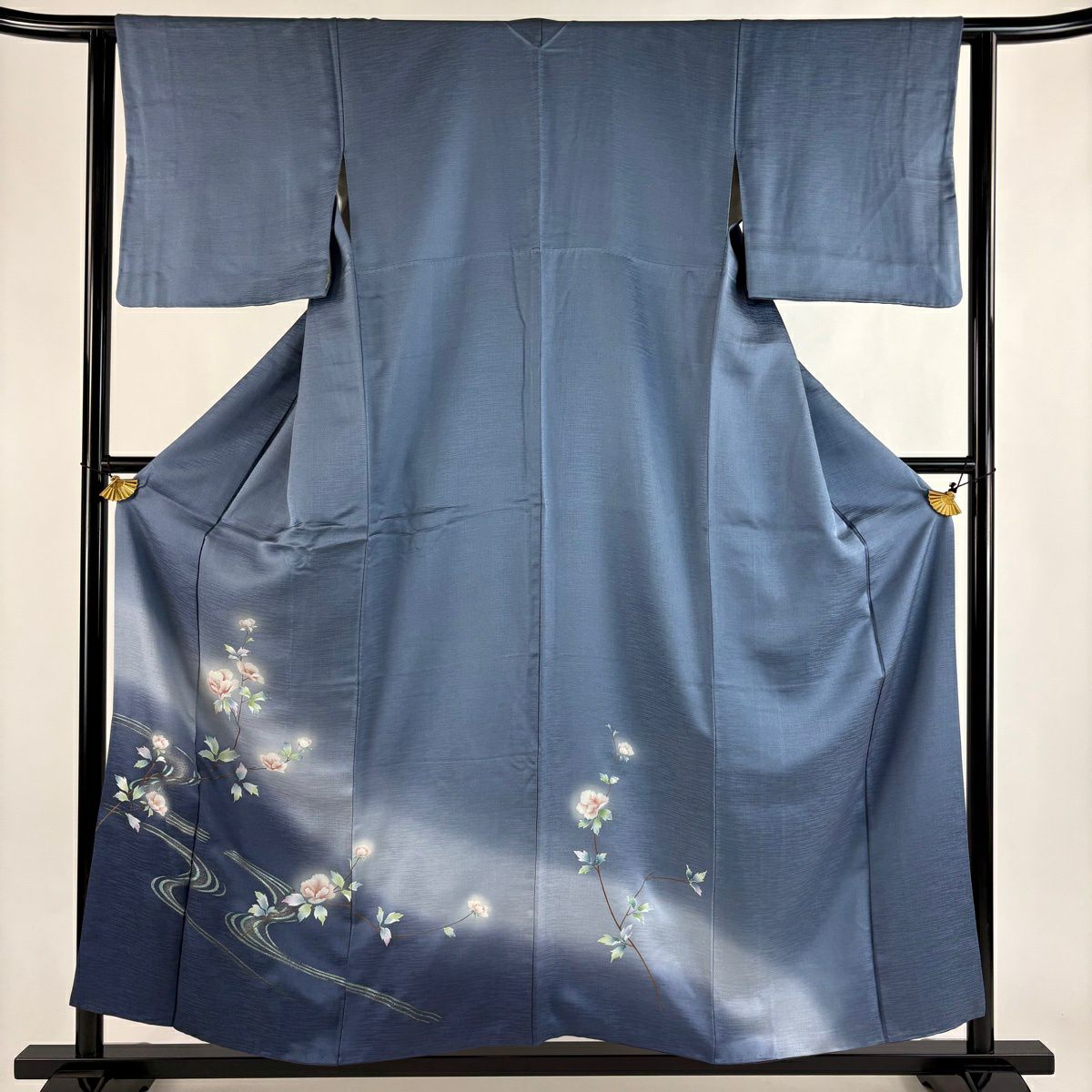 訪問着 身丈156cm 裄丈62cm S 袷 枝花 流水 金銀彩 ぼかし 青灰色 正絹