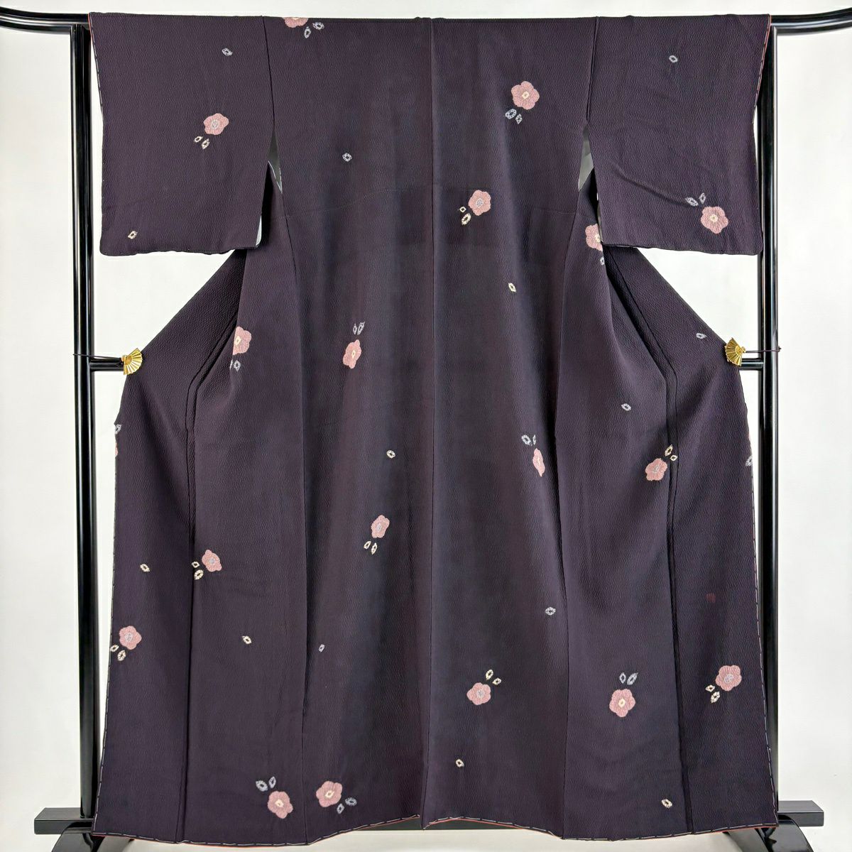 小紋 身丈161cm 裄丈65cm M 袷 落款あり 梅 絞り 濃紫 正絹 秀品｜中古