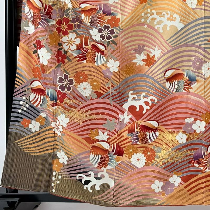 振袖フルセット 身丈165.5裄68.5 豪華振袖 金彩 熨斗花蝶文 逸品 名品 振袖 身丈169cm 裄丈68.5cm L 袷 蝶 笠松 金糸 金彩 茜色 正絹