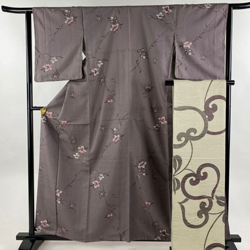お召 身丈160.5cm 裄丈63.5cm M 袷 袋帯セット 枝花 紫 正絹 秀