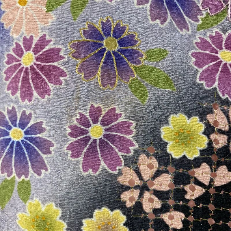 専用❣️D012❣️仮絵羽 未仕立て 振袖 枝垂れ桜に貝桶模様 刺繍 八掛付き 黒留袖 未使用しつけ糸付き 作家物 手描き友禅 春駒 馬柄 刺繍