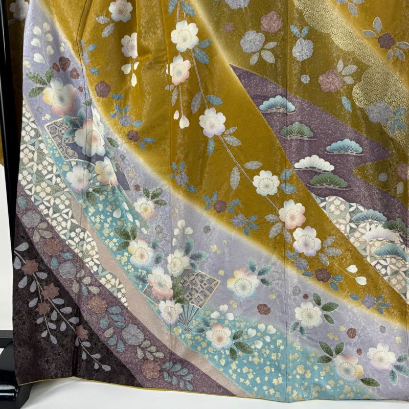 振袖 身丈166cm 裄丈69cm L 袷 桜 扇 金銀彩 銀通し 山吹茶色