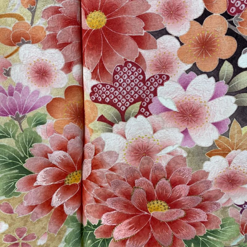 振袖 身丈164cm 裄丈64.5cm M 袷 草花 銀通し 刺繍 茶紫 正絹 美