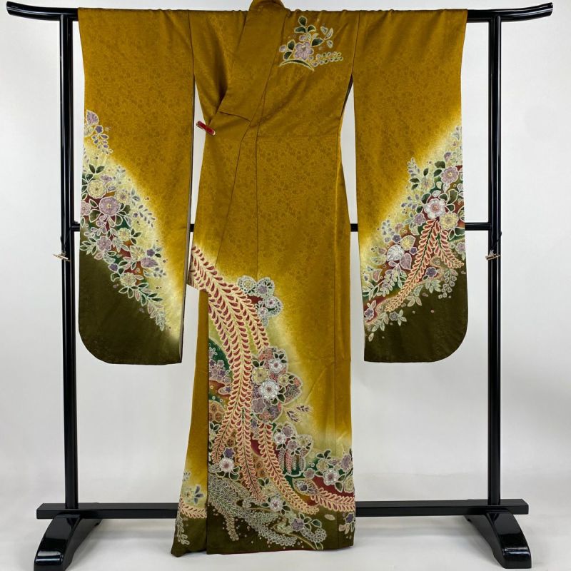 振袖 身丈163.5cm 裄丈64cm M 袷 辻が花 金通し ぼかし 山吹茶色