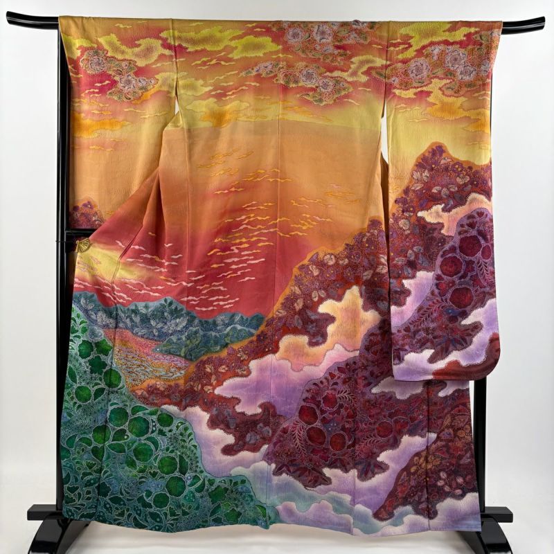 振袖 身長157-172cm オレンジ　薔薇　正絹 振袖 身丈172cm 裄丈67cm M 袷 薔薇 蝶 箔 金彩 赤 正絹 名品