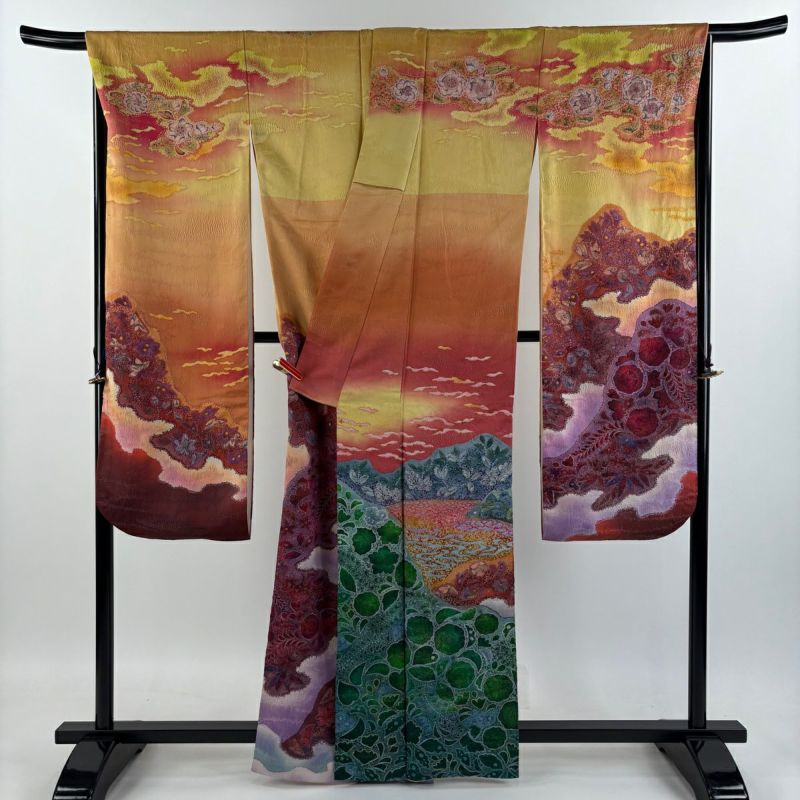 振袖 身丈162.5cm 裄丈67.5cm L 袷 辻が花 葉と実 銀通し ぼかし