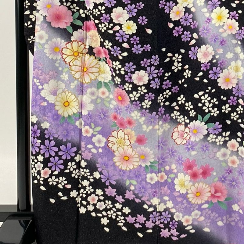 振袖/鼓草花金彩染め分け紫中古美品振袖set/身丈167.5裄丈66.5紫成人式 振袖 身丈165cm 裄丈66.5cm M 袷 桧扇 草花 金彩 刺繍 紫 正絹