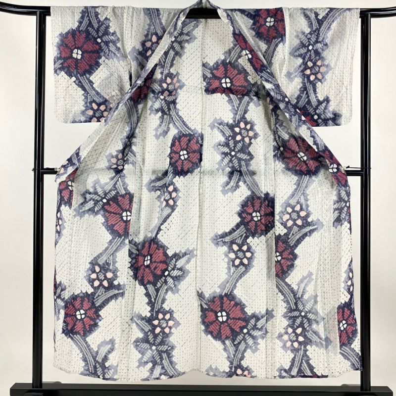 浴衣 身丈150cm 裄丈61.5cm S 絞り浴衣 草花 灰白 綿 名品｜中古