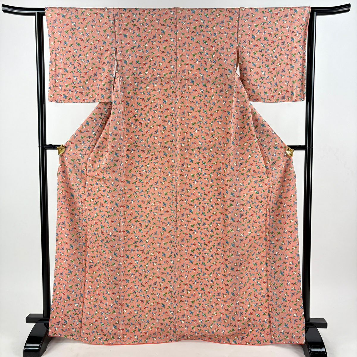 美品】 小紋 身丈167cm 裄丈63cm S 袷 鳥 縮緬 サーモンピンク 正絹