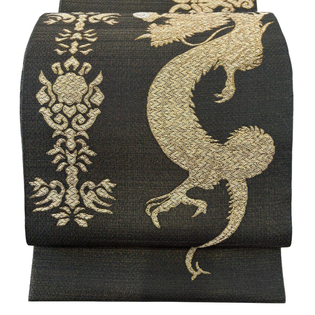 美品】 袋帯 逸品 龍 草花 箔 金糸 深緑 お太鼓柄 正絹｜中古・古着