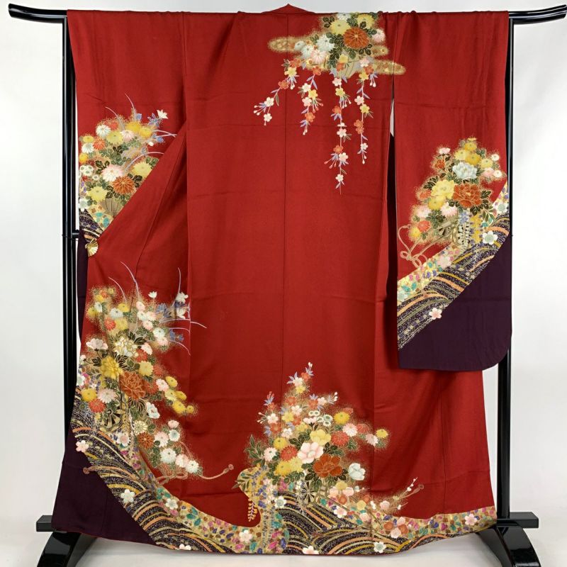 振袖 身丈164cm 裄丈67cm M 袷 花車 波 金彩 箔 赤 正絹 秀品