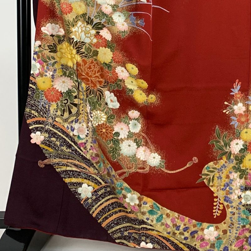 振袖 身丈164cm 裄丈67cm M 袷 花車 波 金彩 箔 赤 正絹 秀品