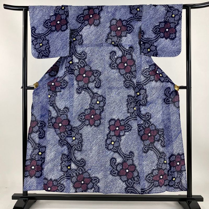 浴衣 身丈154cm 裄丈61cm S 絞り浴衣 草花 紺色 綿 名品｜中古