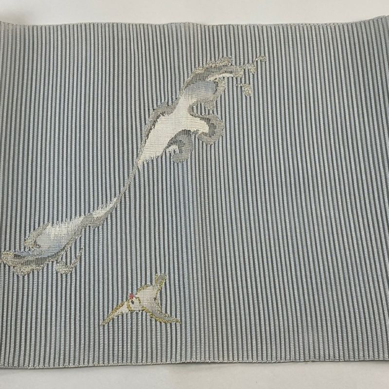 名古屋帯 秀品 夏帯 八寸名古屋帯 絽 鳥 波頭 金銀糸 水色 正絹