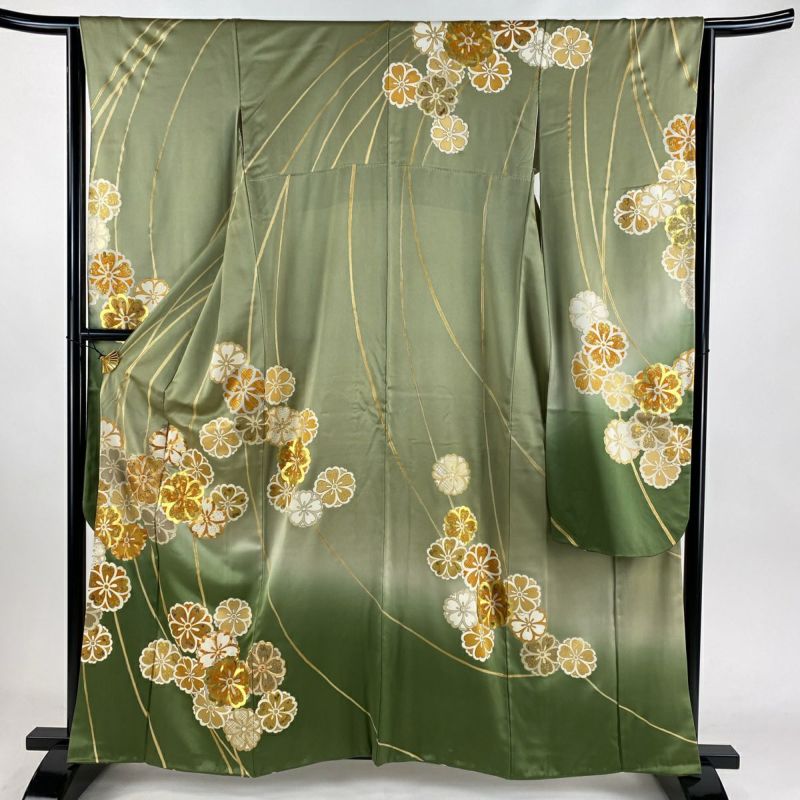 振袖 身丈160.5cm 裄丈63.5cm S 袷 桜 金糸 金彩 灰緑 正絹 秀品