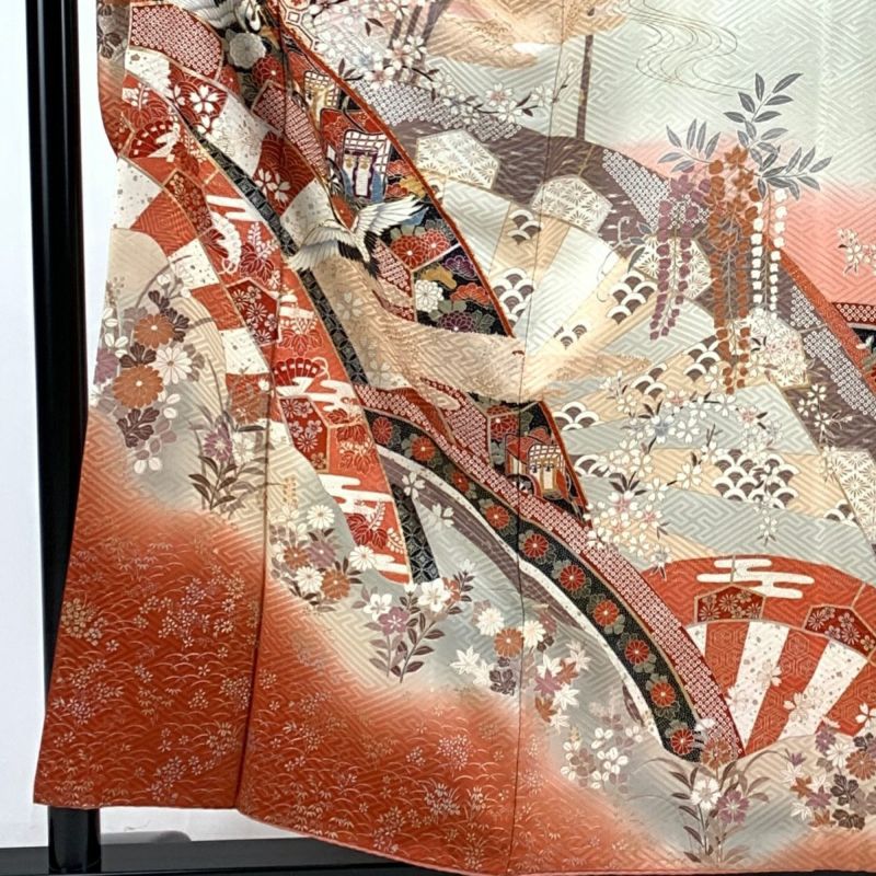 振袖 身丈157.5cm 裄丈63cm S 袷 片輪車 鶴 金糸 金銀彩 灰白