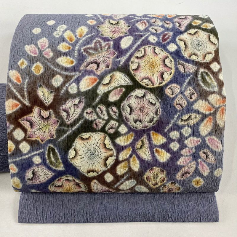 名古屋帯 名品 辻が花柄 絞り ぼかし 青灰色 正絹｜中古・古着